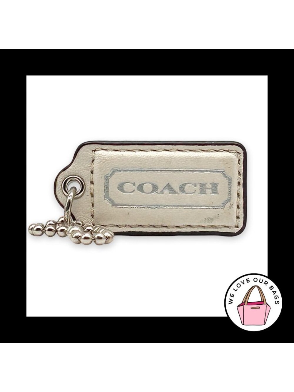 Rare COACH HANG TAG 2" White Silver Leather Bag Charm Keychain Fob Nickel Medium